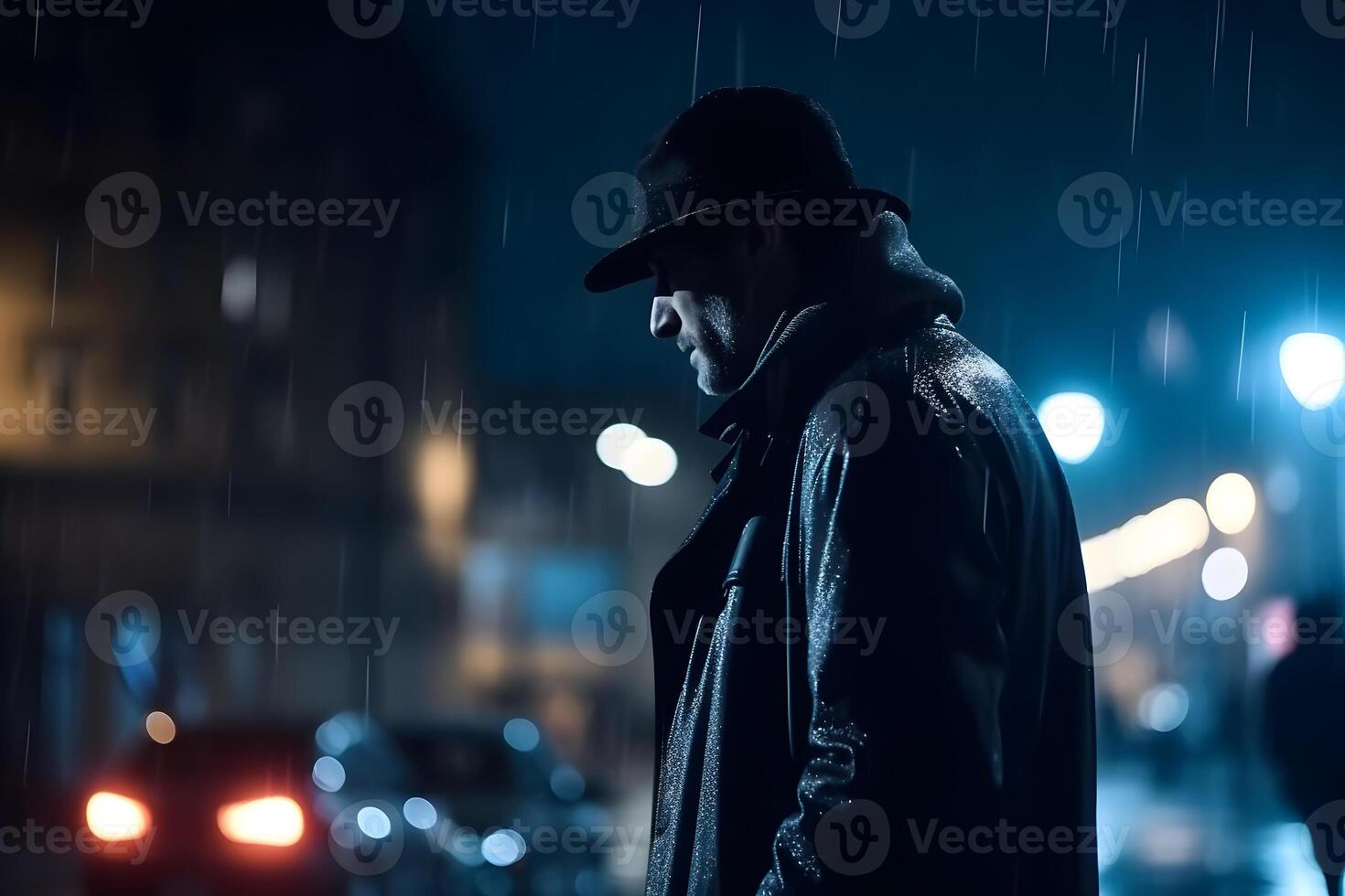 ai gegenereerd filmische portret van vreemdeling Aan nacht straat in thriller stijl, neurale netwerk gegenereerd fotorealistisch beeld foto