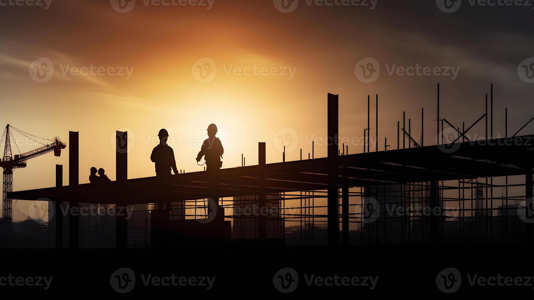 ai gegenereerd silhouetten van ingenieur en bouw team werken Bij zonsopkomst of zonsondergang, neurale netwerk gegenereerd beeld foto