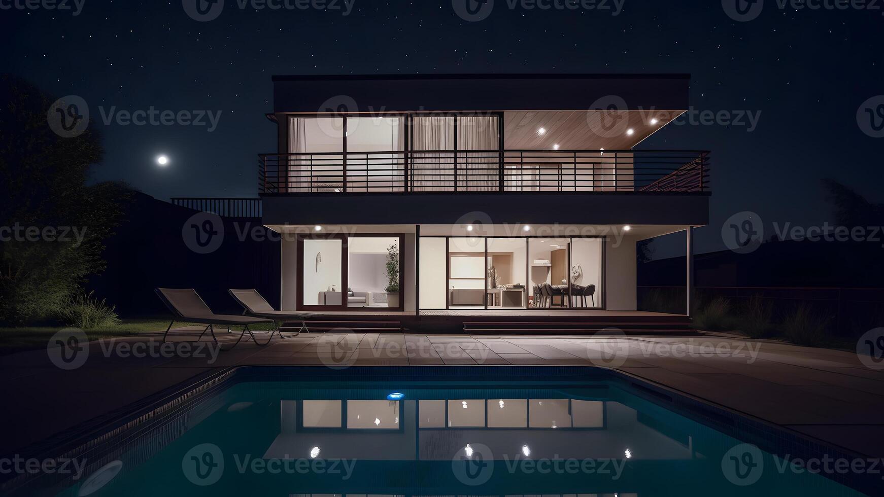 ai gegenereerd modern luxe huis met een zwemmen zwembad Bij nacht, neurale netwerk gegenereerd beeld foto