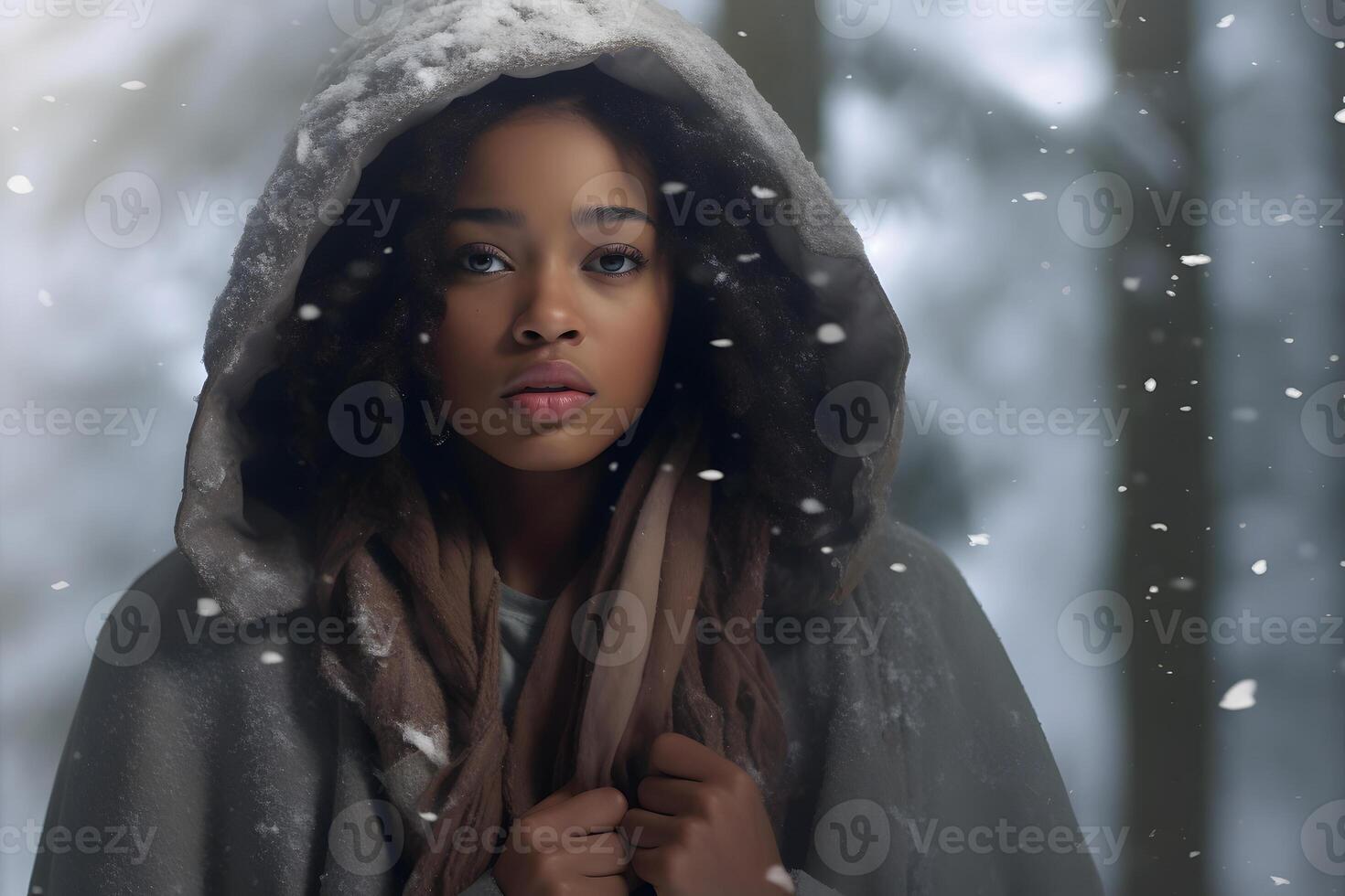 ai gegenereerd Afrikaanse Amerikaans vrouw in Woud Bij besneeuwd winter dag, neurale netwerk gegenereerd fotorealistisch beeld foto