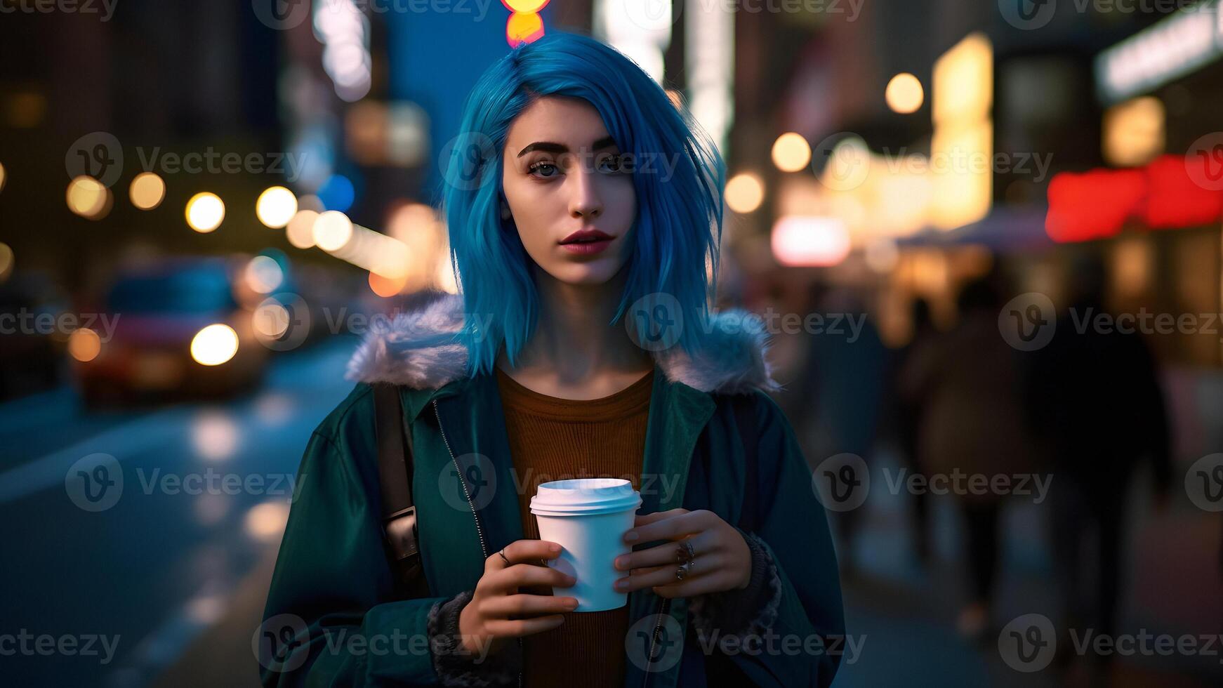 ai gegenereerd jong mooi blauwharig femine vrouw Bij nacht stad straat Holding karton kop van koffie, neurale netwerk gegenereerd afbeelding foto