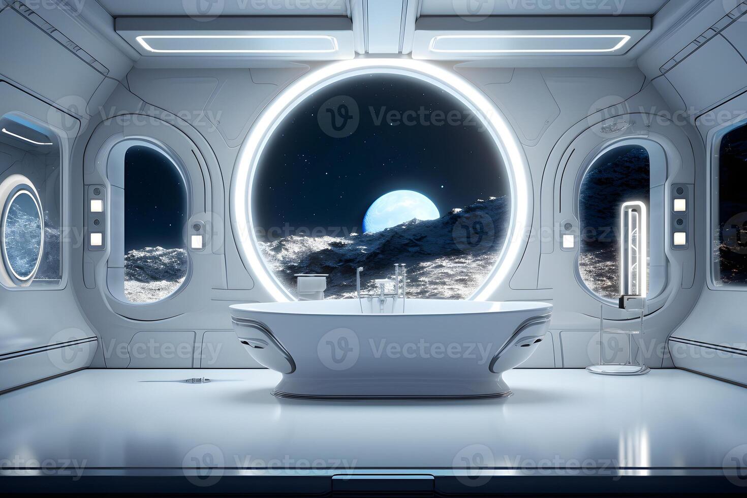ai gegenereerd futuristische wit maan baseren gestileerd luxe badkamer interieur, neurale netwerk gegenereerd beeld foto