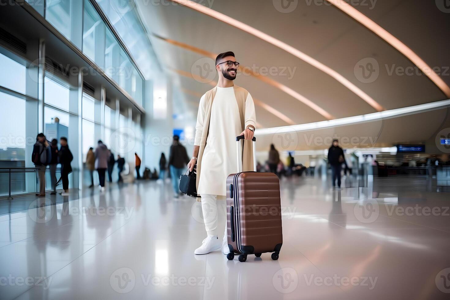 ai gegenereerd glimlachen jong volwassen moslim reiziger Mens in een luchthaven met koffer, neurale netwerk gegenereerd fotorealistisch beeld foto