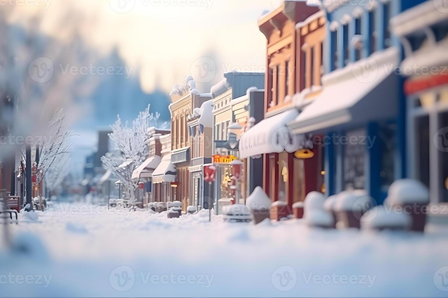 ai gegenereerd klein Amerikaans stad- straat Bij besneeuwd winter dag, neurale netwerk gegenereerd beeld foto