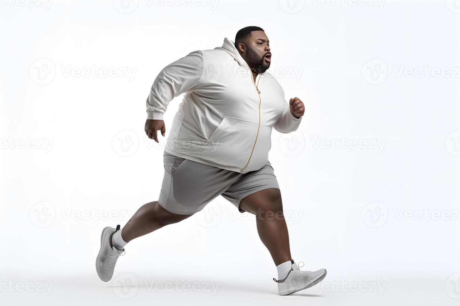 ai gegenereerd te zwaar Afrikaanse Amerikaans Mens rennen Aan wit achtergrond, concept van te zwaar en gewicht verlies. neurale netwerk gegenereerd fotorealistisch beeld foto