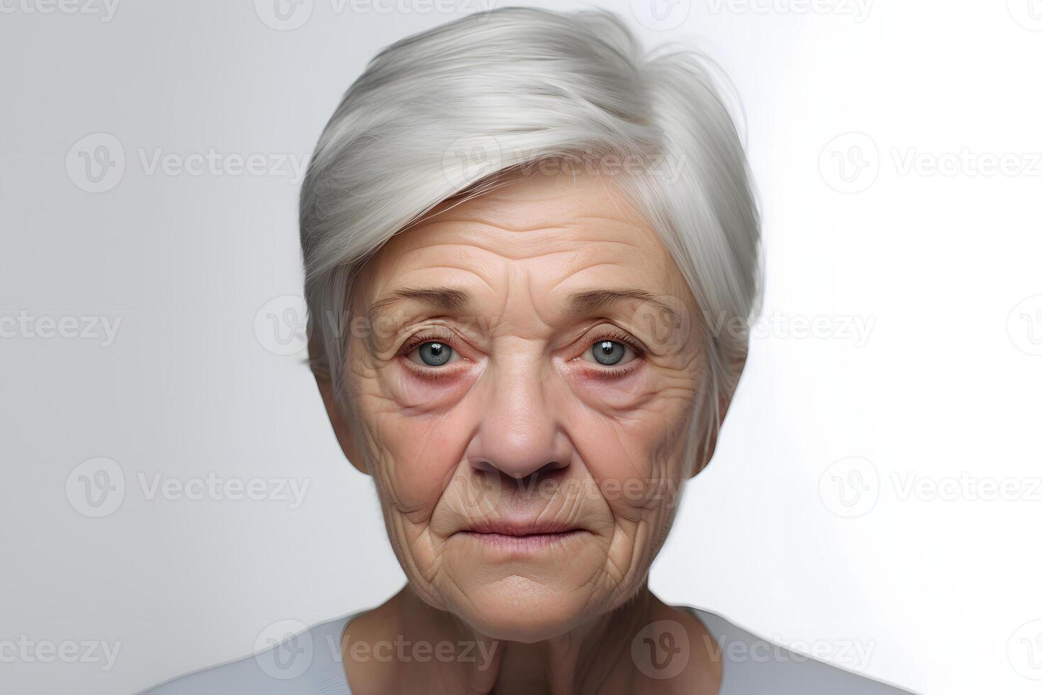 ai gegenereerd portret van senior grijs haar Kaukasisch vrouw Aan wit achtergrond. neurale netwerk gegenereerd fotorealistisch afbeelding. foto