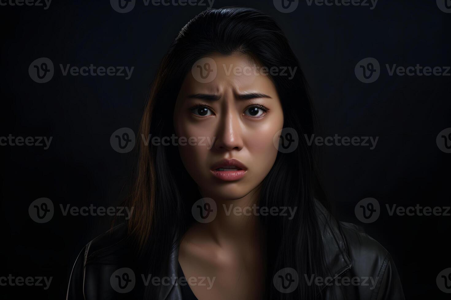 ai gegenereerd verdrietig Aziatisch jong volwassen vrouw portret Aan zwart achtergrond. neurale netwerk gegenereerd fotorealistisch beeld foto