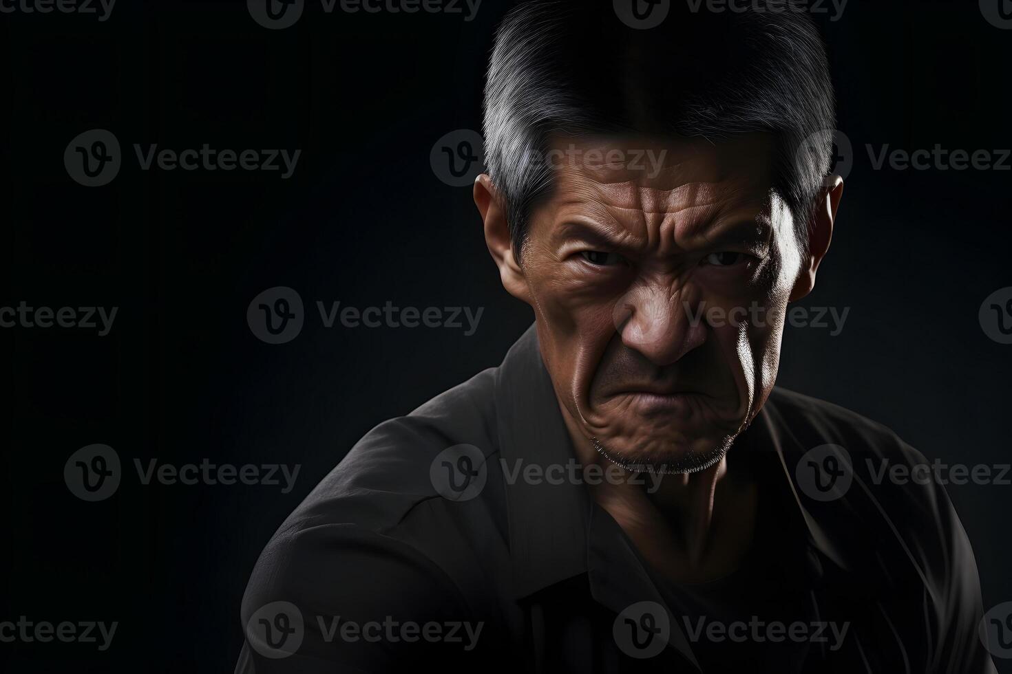 ai gegenereerd boos volwassen Aziatisch Mens, hoofd en schouders portret Aan zwart achtergrond. neurale netwerk gegenereerd beeld foto