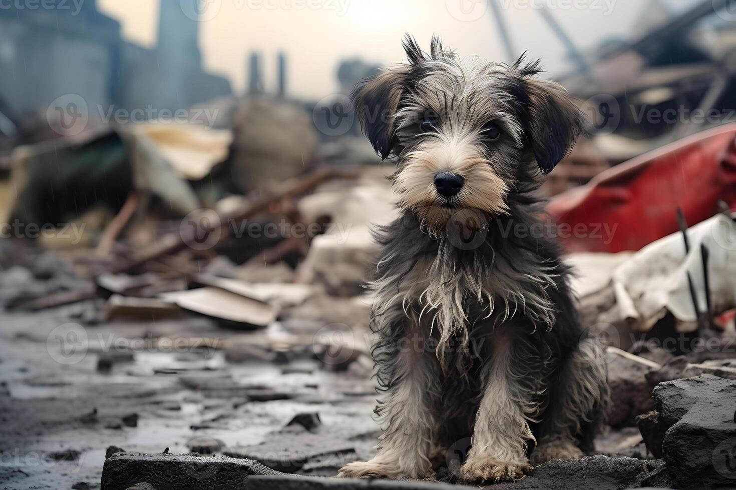 ai gegenereerd alleen en hongerig huiselijk hond na ramp Aan de achtergrond van huis puin, neurale netwerk gegenereerd beeld foto