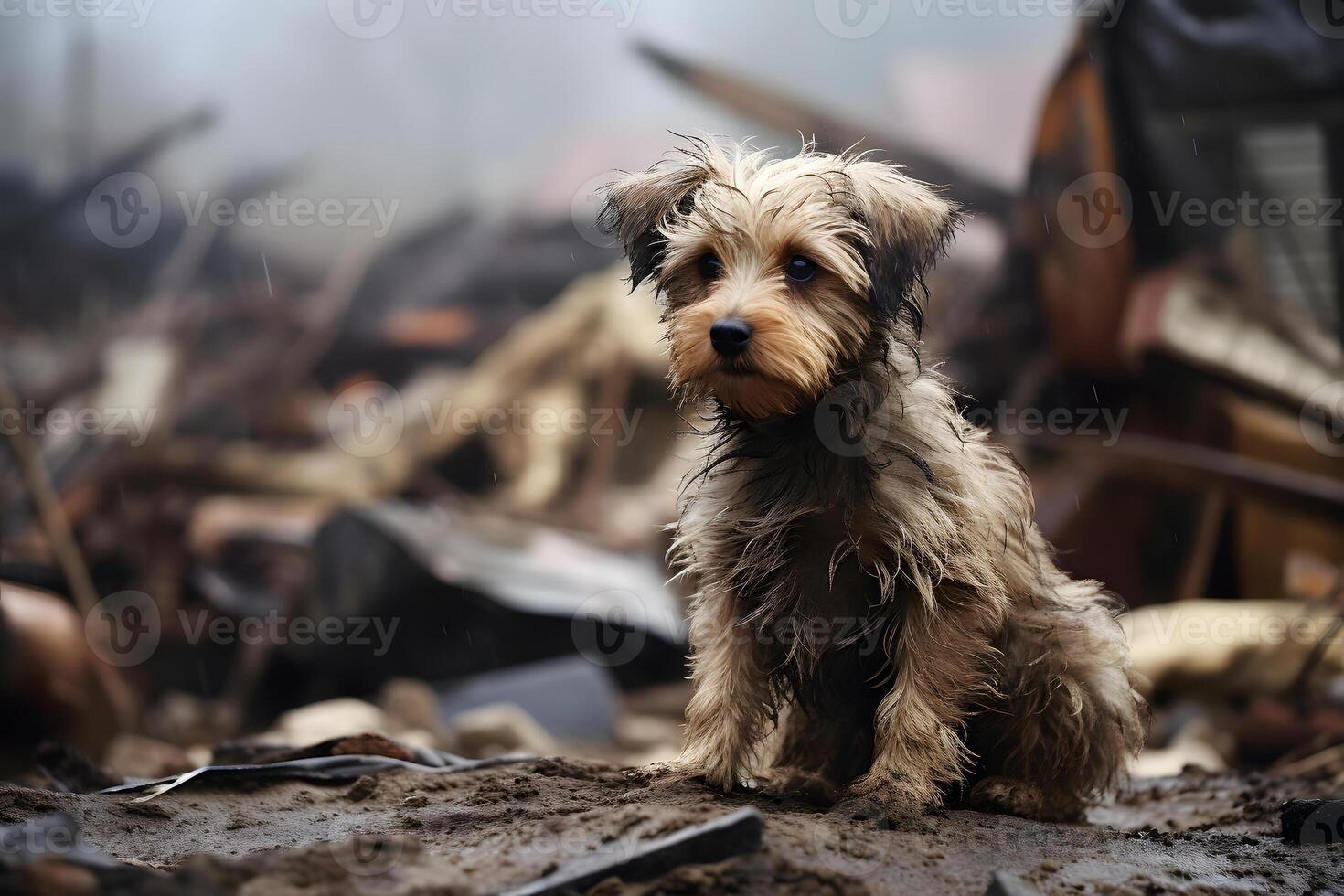 ai gegenereerd alleen en hongerig huiselijk puppy na ramp Aan de achtergrond van huis puin, neurale netwerk gegenereerd beeld foto