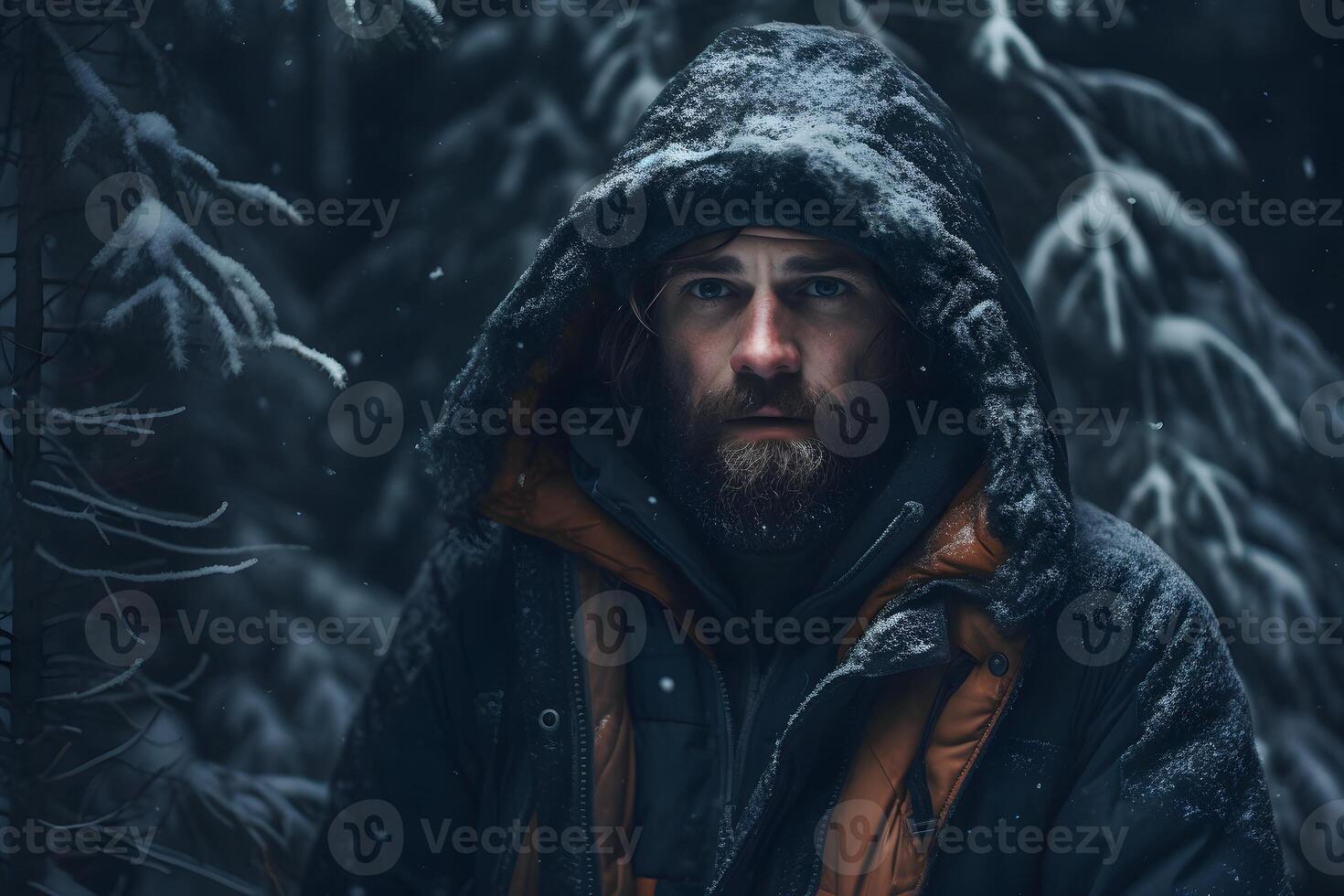 ai gegenereerd jong volwassen Kaukasisch Mens in winter Woud Bij avond, neurale netwerk gegenereerd fotorealistisch beeld foto