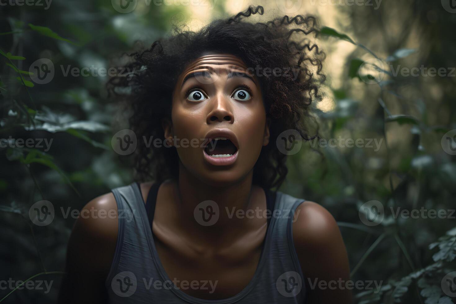 ai gegenereerd Afrikaanse Amerikaans vrouw verloren in Woud Bij zomer dag, neurale netwerk gegenereerd fotorealistisch beeld foto