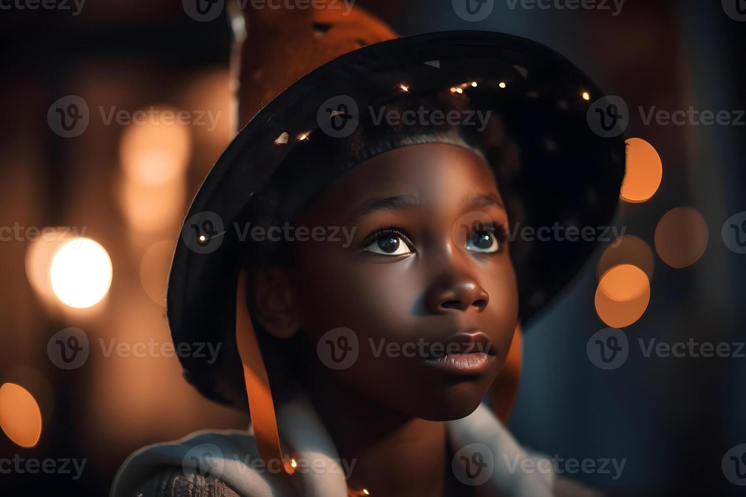 ai gegenereerd dichtbij portret van jong Afrikaanse Amerikaans jongen gekleed in kostuum voor halloween partij, neurale netwerk gegenereerd fotorealistisch beeld foto