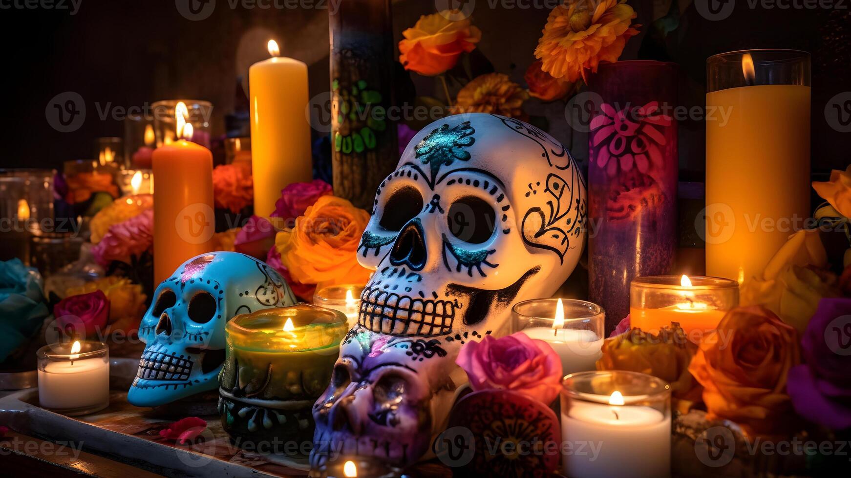 ai gegenereerd overladen wit schedels met kaarsen en bloemen voor dia de los Muertos of dag van de dood viering, neurale netwerk gegenereerd beeld foto