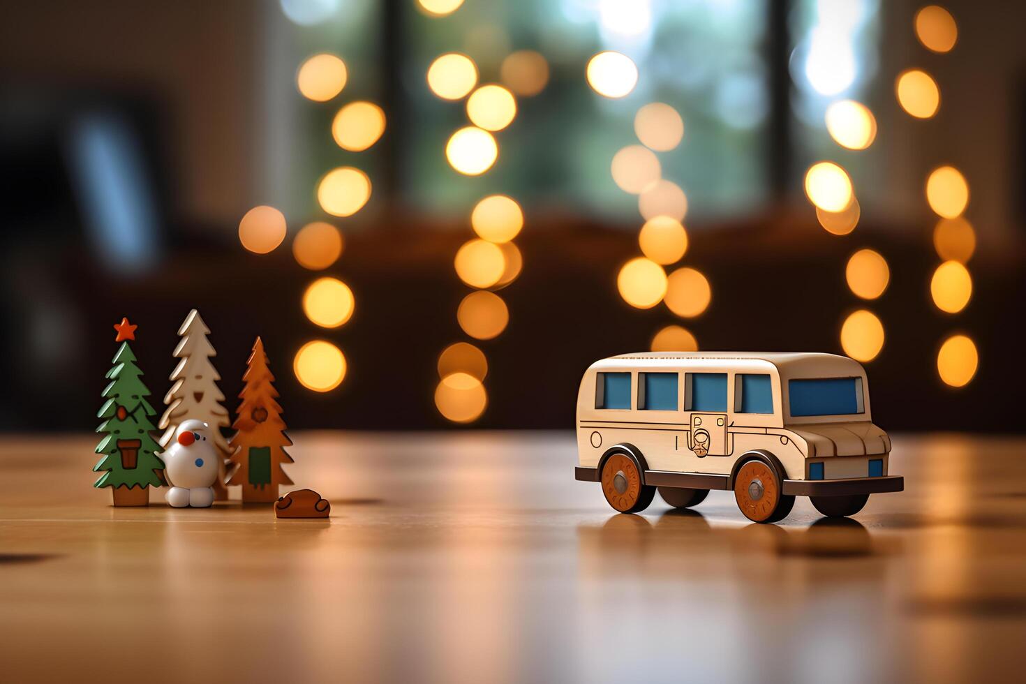 ai gegenereerd bus school- Aan hout tafel achtergrond. Kerstmis concept. ai generatief foto