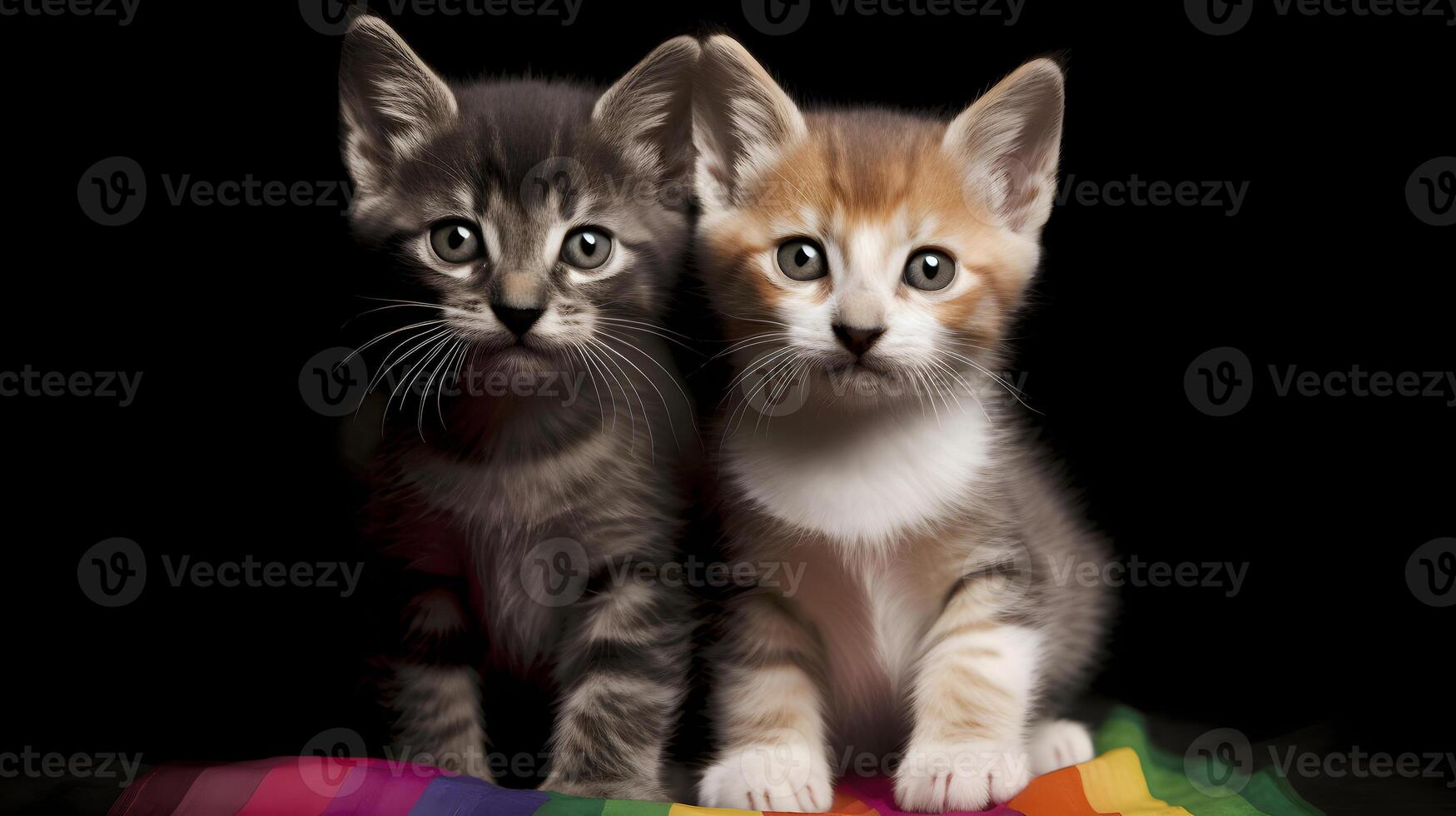 ai gegenereerd paar- van kittens Aan regenboog lgbt vlag, neurale netwerk gegenereerd beeld foto