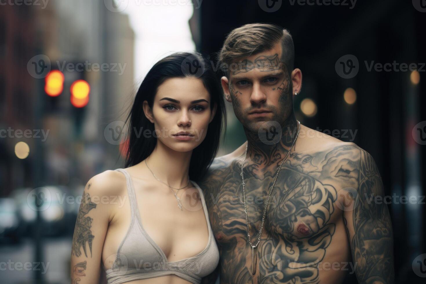 ai gegenereerd getatoeëerd Mens en vrouw Aan een stad straat in de middag foto