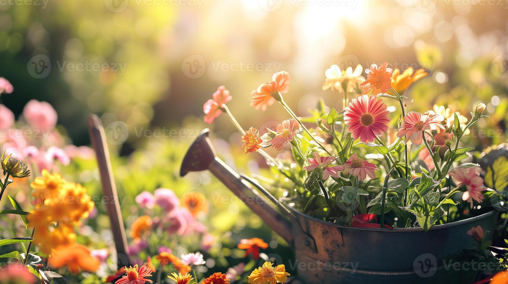 ai gegenereerd tuinieren concept. tuin bloemen en planten Aan een zonnig voorjaar achtergrond foto