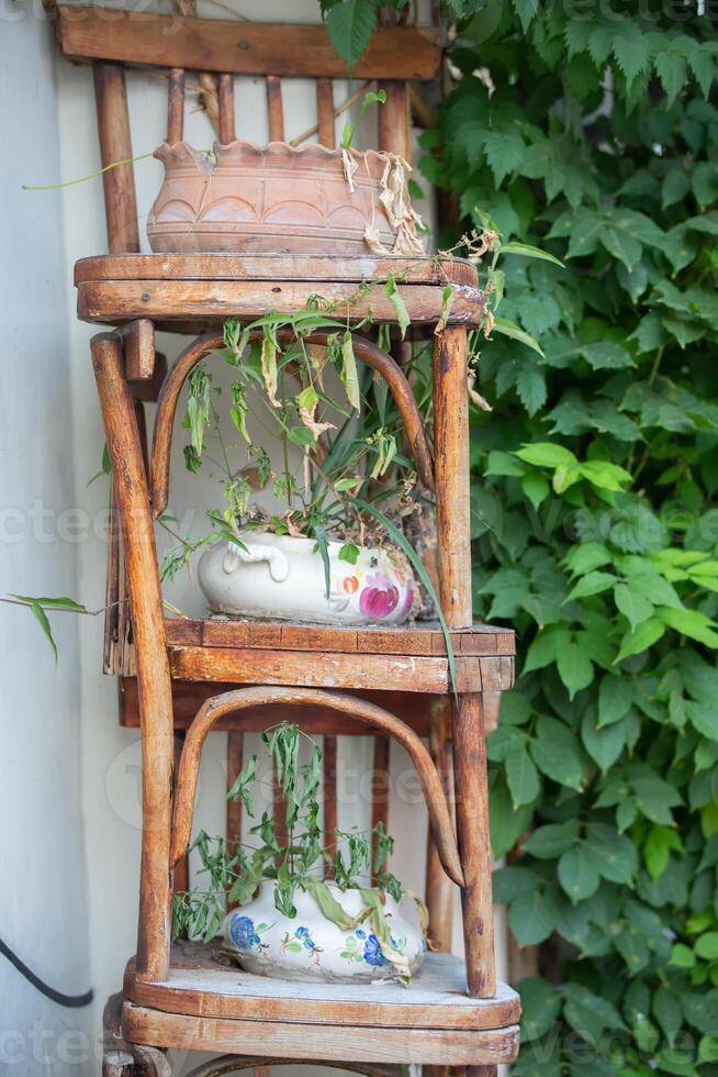 buitenshuis bloem staan gemaakt van oud stoelen. hergebruik van retro meubilair. foto