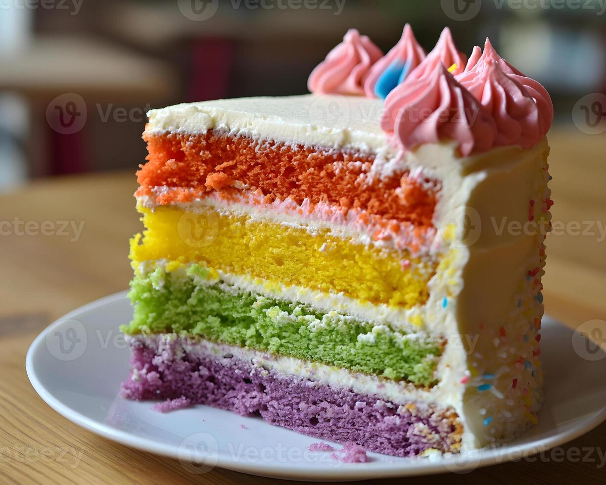 ai gegenereerd regenboog taart Aan een wit bord Aan een houten tafel in een cafe foto