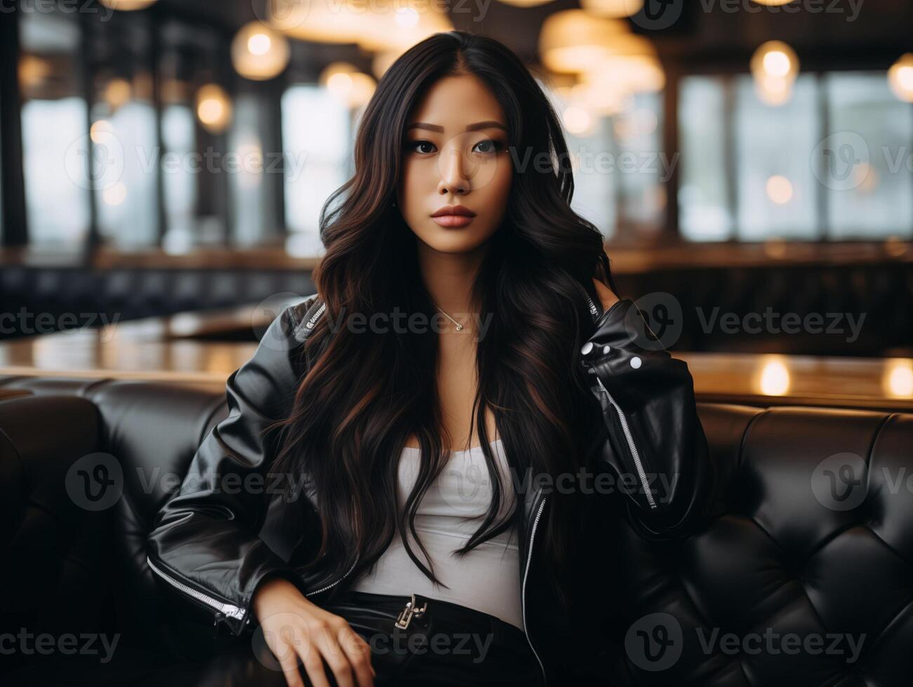 ai gegenereerd mode interieur foto van mooi sensueel vrouw met donker haar- in elegant kleren poseren in cafe