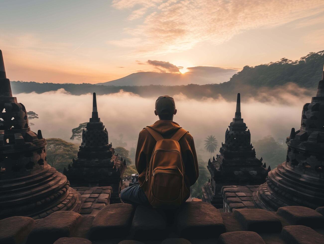 ai gegenereerd silhouet van toerist met rugzak zittend Aan de top van de pagode en aan het kijken de zonsopkomst foto