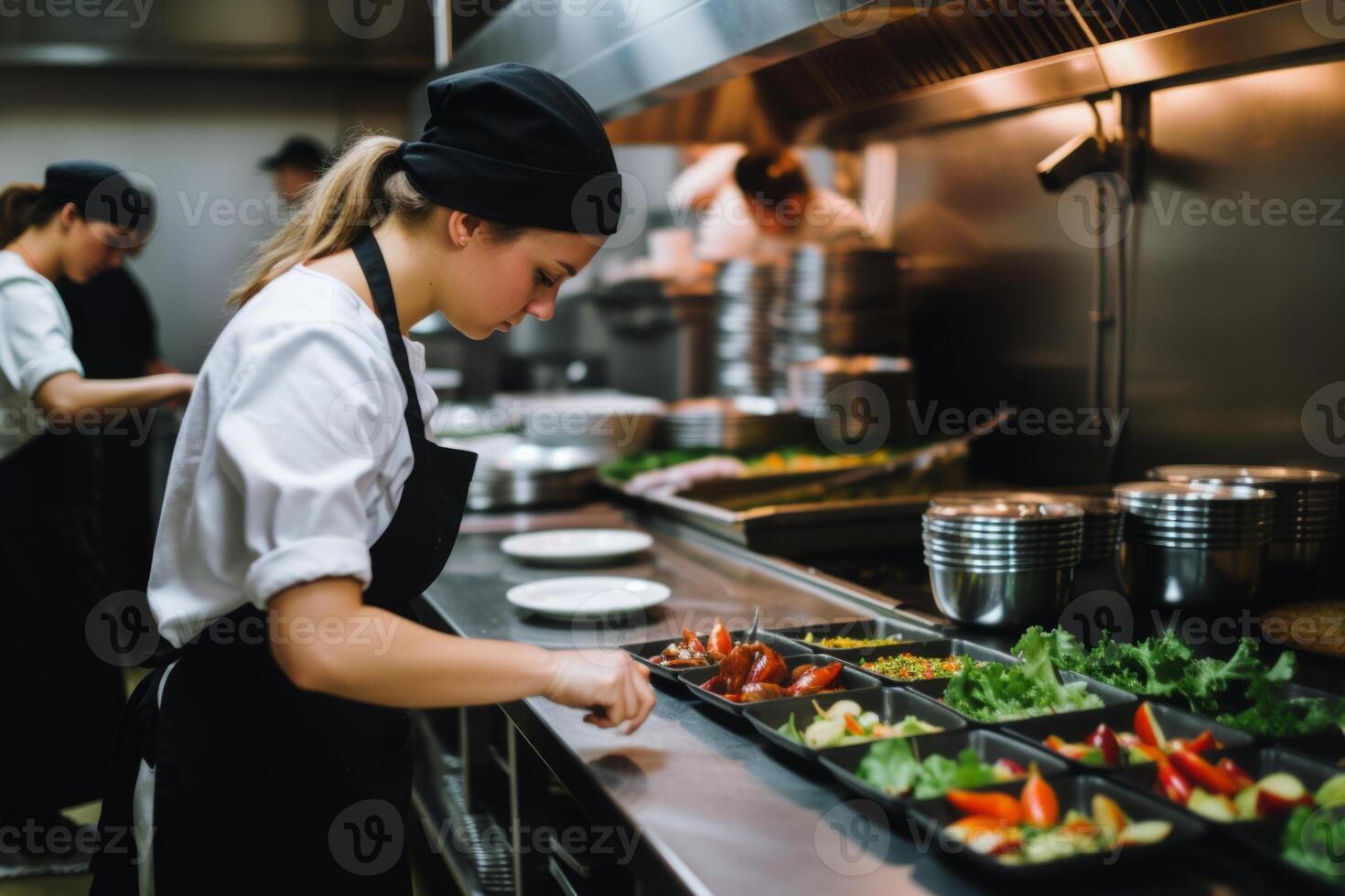 ai gegenereerd meester chef koken vrouw handen precies Koken dressing voorbereidingen treffen smakelijk vers heerlijk watertanden fijnproever schotel voedsel Aan bord klanten 5 sterren michelin restaurant keuken detailopname foto