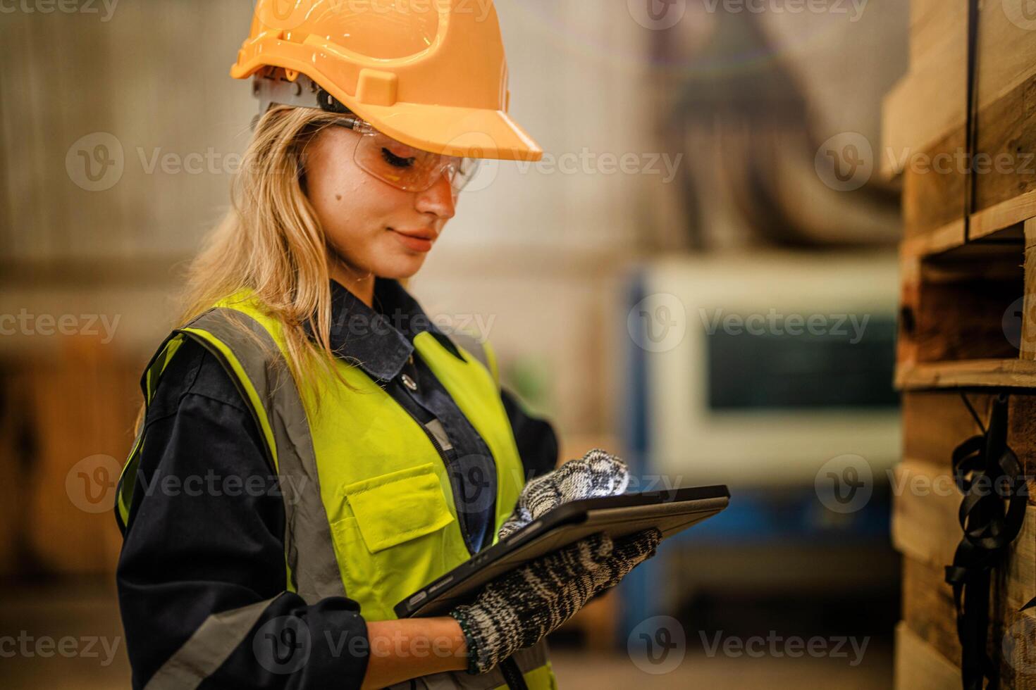 vrouw arbeider timmerman vervelend veiligheid uniform en moeilijk hoed werken en controle de kwaliteit van houten producten Bij werkplaats productie. Mens en vrouw arbeiders hout in donker magazijn industrie. foto