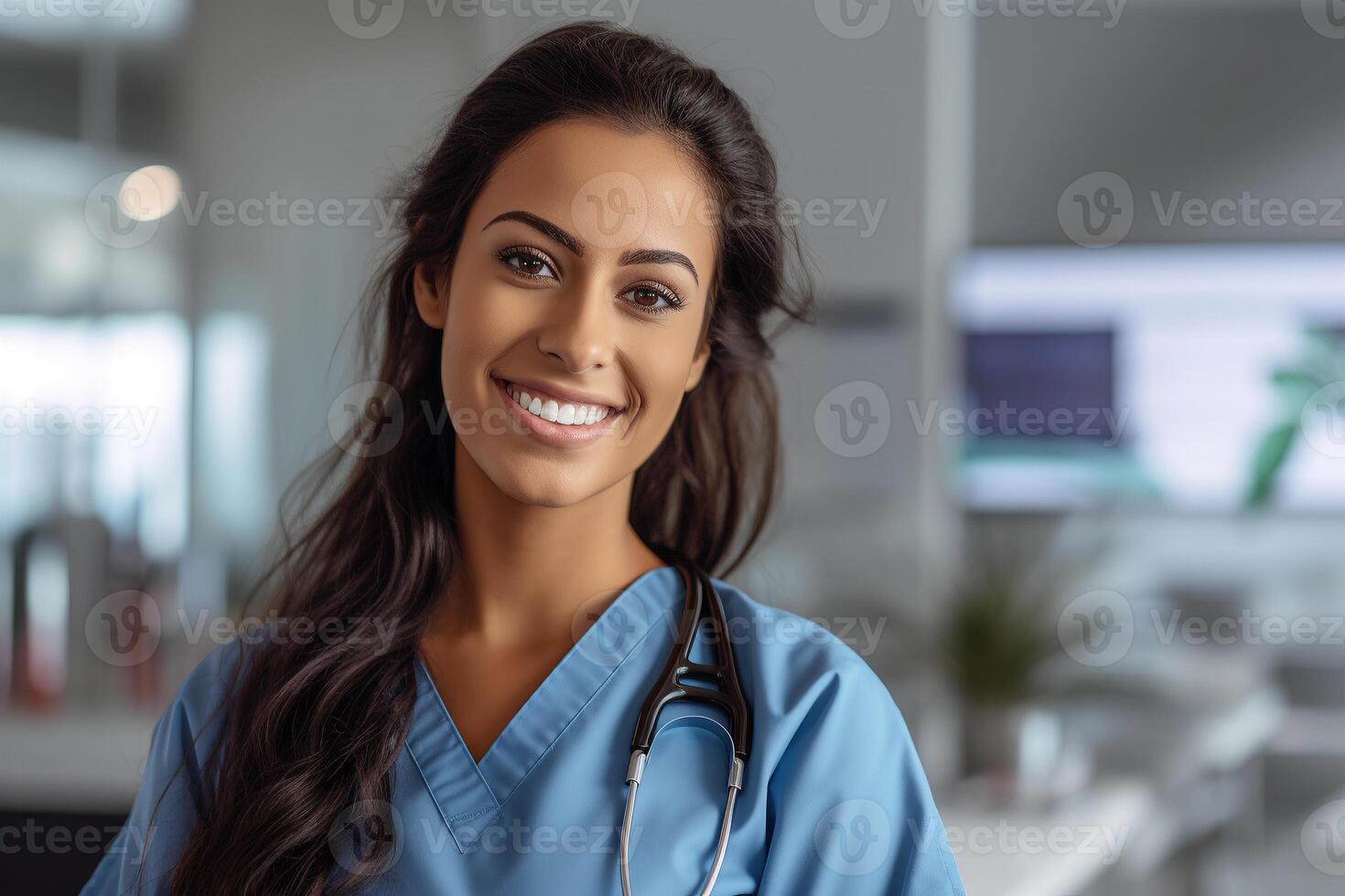 ai gegenereerd generatief ai beeld van portret van glimlachen jong spaans vrouw dokter in uniform en stethoscoop op zoek Bij camera terwijl staand in licht tegen wazig interieur van ziekenhuis foto