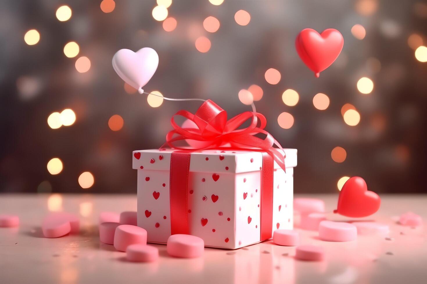 gelukkig Valentijnsdag dag concept met rood geschenk doos en hart vormig ballonnen romantisch banier liefde concept door ai gegenereerd foto