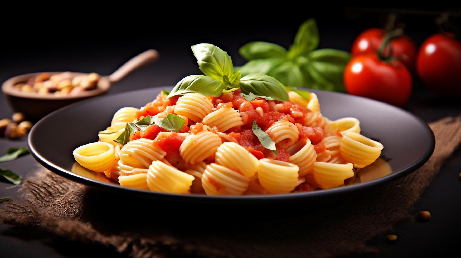 ai gegenereerd pasta met tomaat saus en basilicum bladeren Aan een zwart achtergrond foto