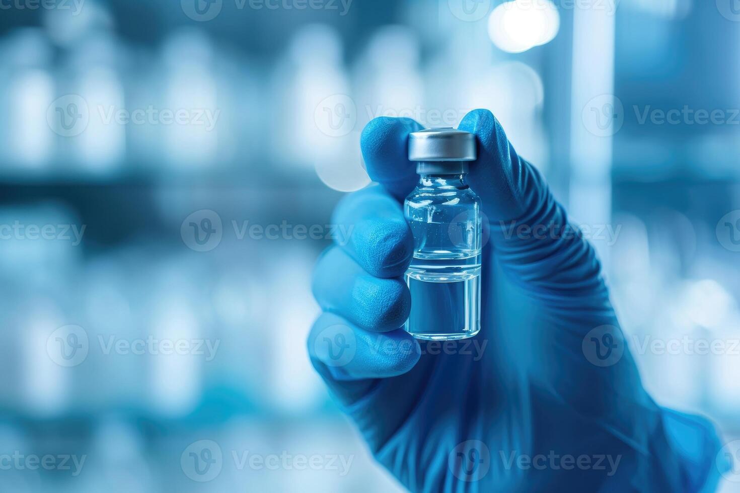 ai gegenereerd gezondheidszorg concept met een hand- in blauw medisch handschoenen Holding een fles van griep vaccin en virale ziekten foto