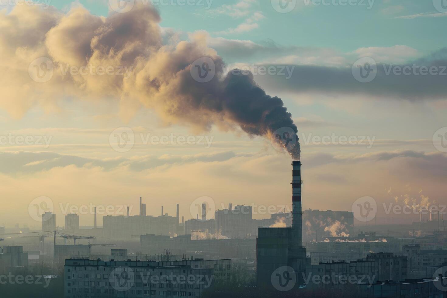 ai gegenereerd rook van de fabriek schoorsteen. milieu vervuiling. lucht uitstoot vervuilend de stad. foto