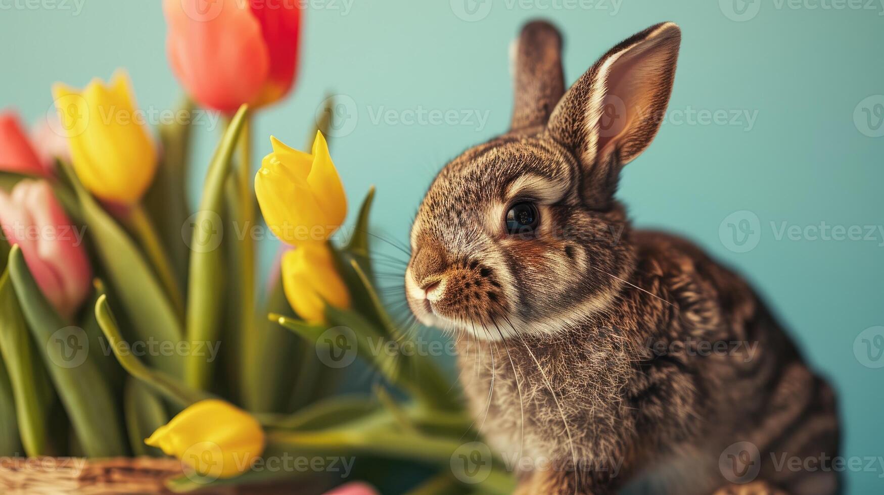 ai gegenereerd Pasen konijn met tulpen bloem Aan een blauw achtergrond foto