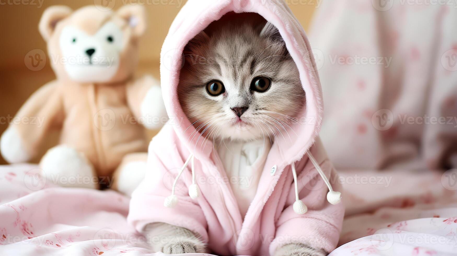 ai gegenereerd schattig kat in kap Aan roze kleding stof achtergrond. foto