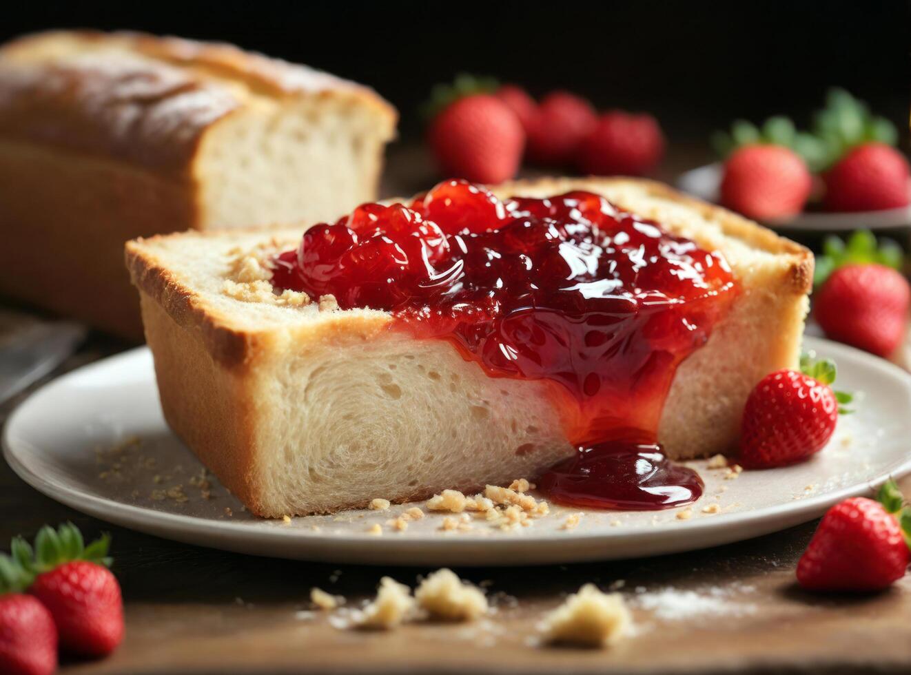 ai gegenereerd aardbei jam genot Aan vers gebakken brood foto