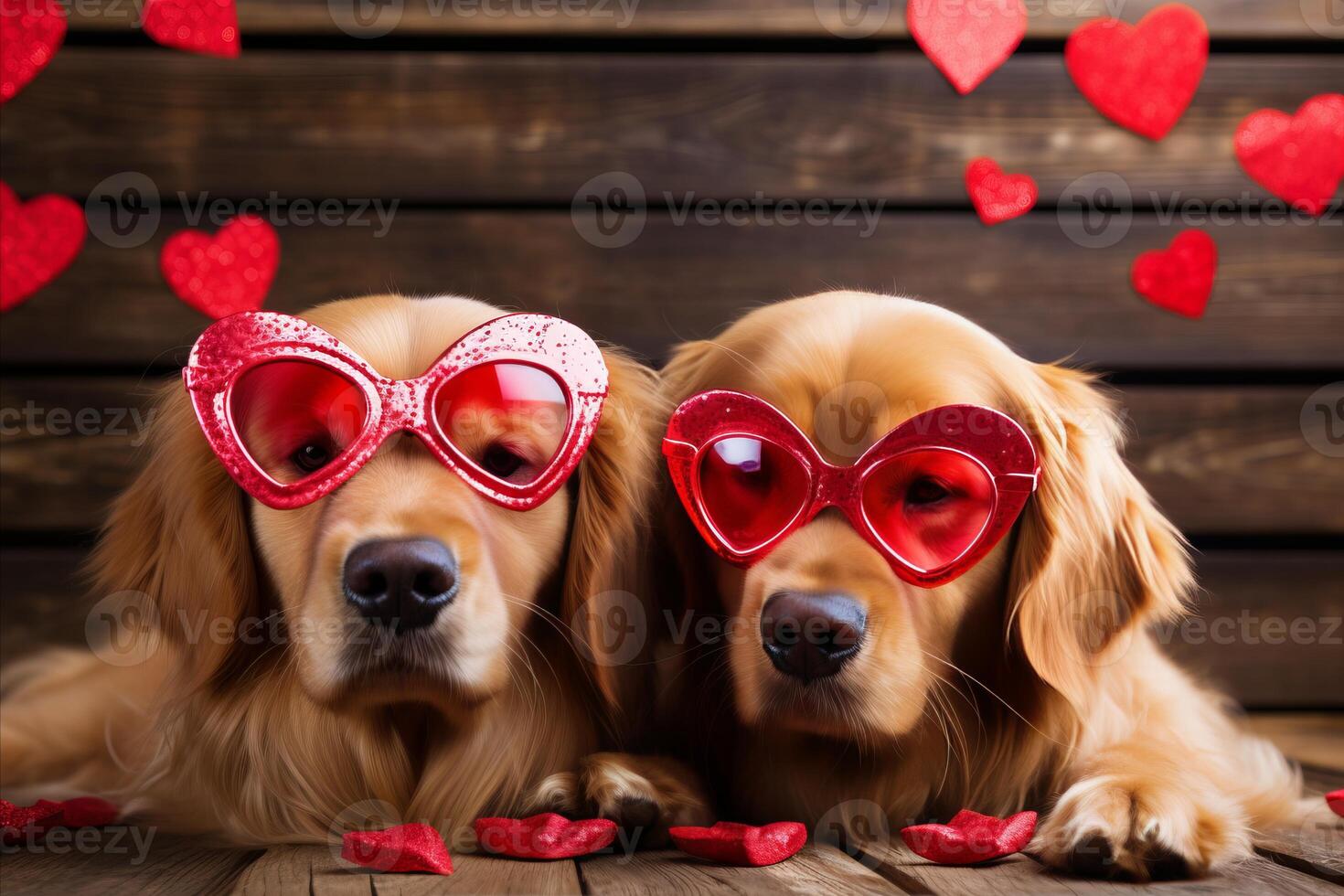 ai gegenereerd hartverwarmend valentijnsdag dag hoektanden. twee honden prachtig versierd met hartvormig versieringen en aanbiddelijk hart bril foto