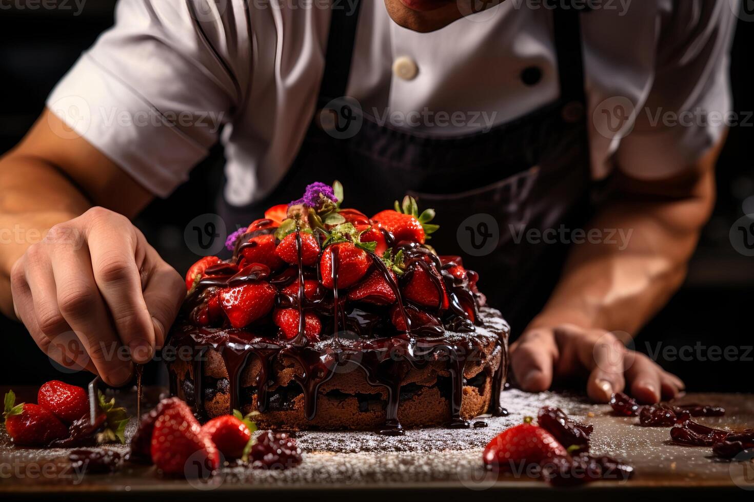 ai gegenereerd chef decoreren chocola taart met aardbei foto