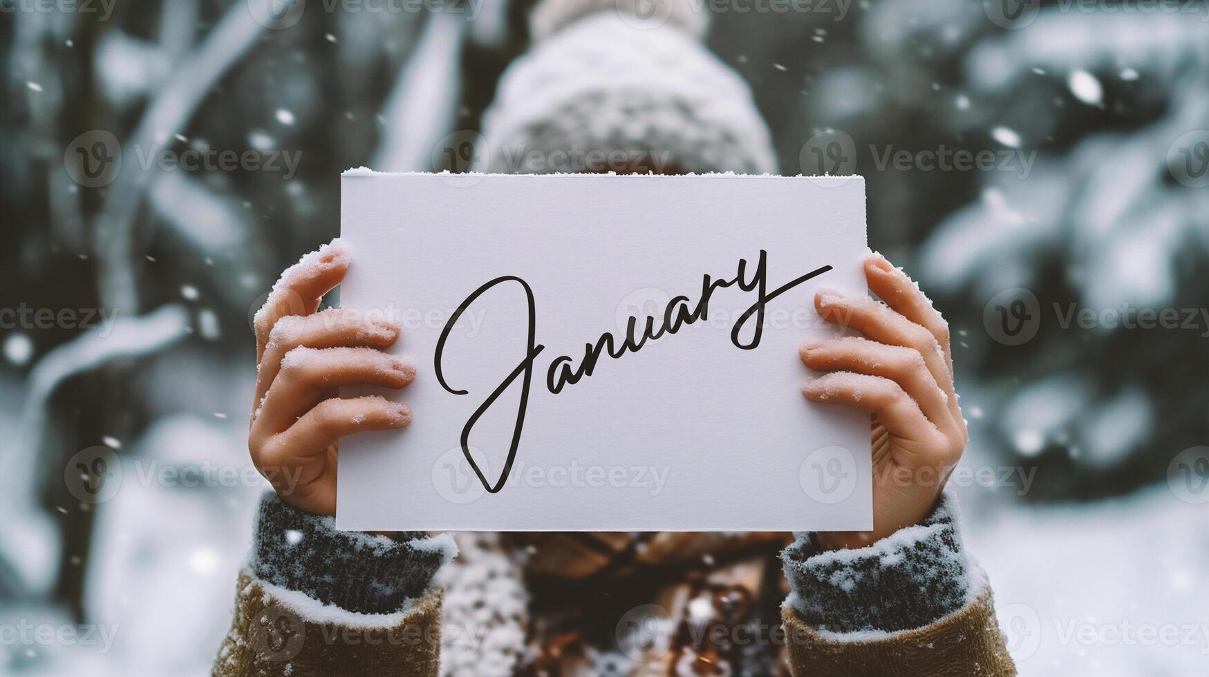 ai gegenereerd Hallo januari kaart in handen Aan een achtergrond van de winter Woud. foto