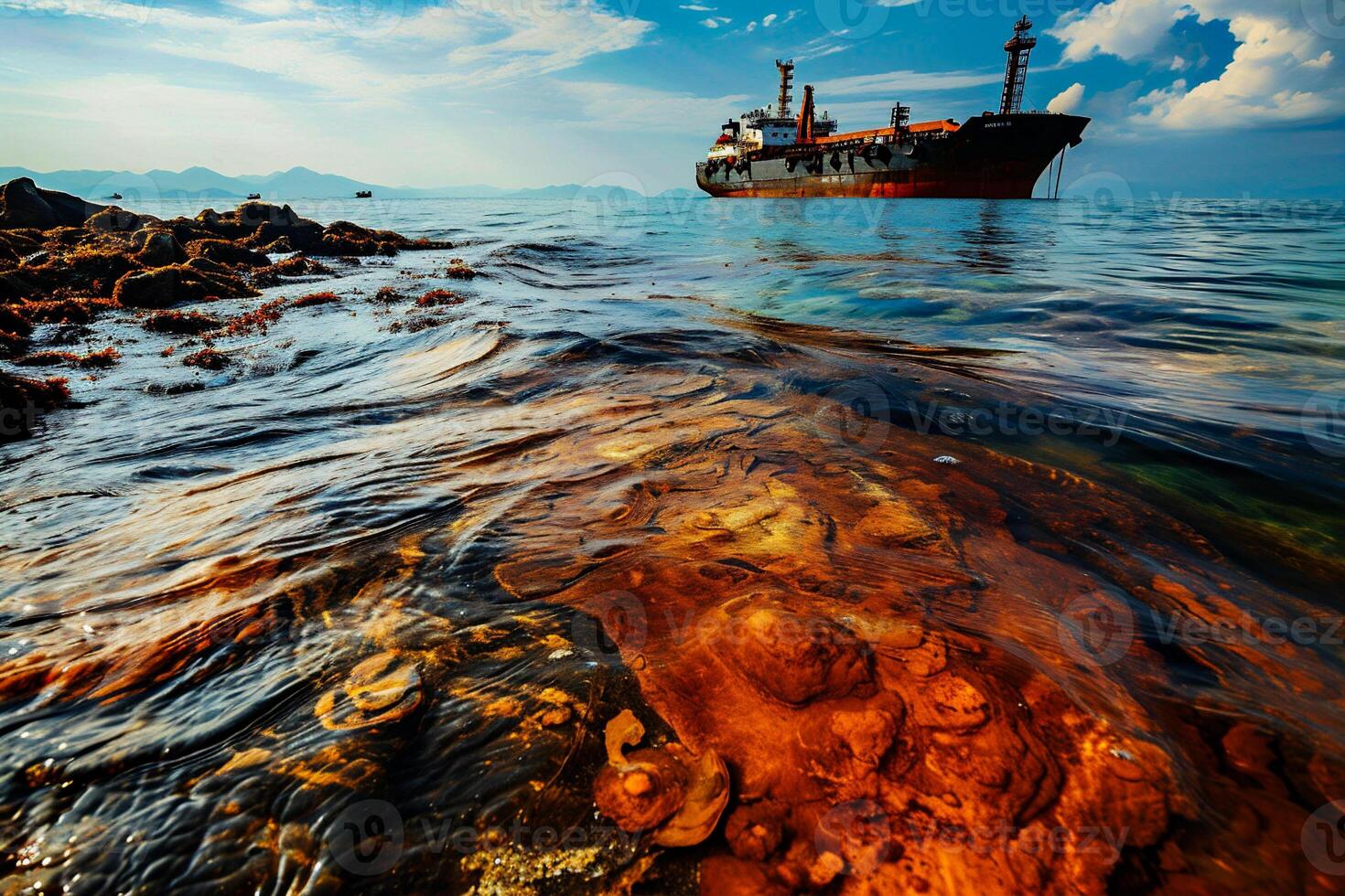 ai gegenereerd schip in de zee met stenen Aan de achtergrond foto