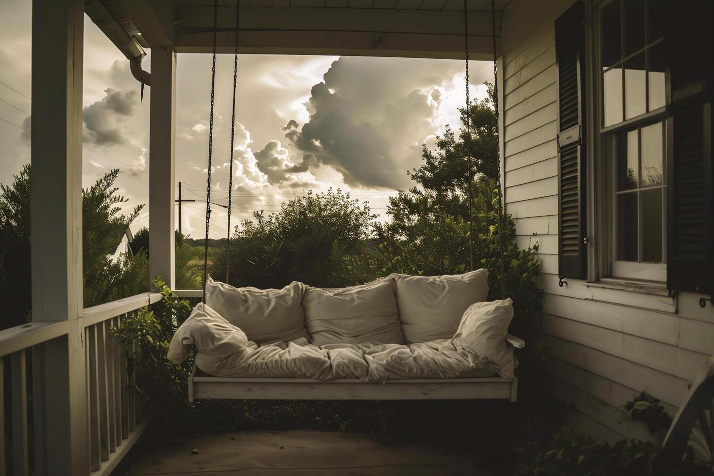 ai gegenereerd wit sofa en kussens Aan balkon Bij zonsondergang, wijnoogst toon. foto