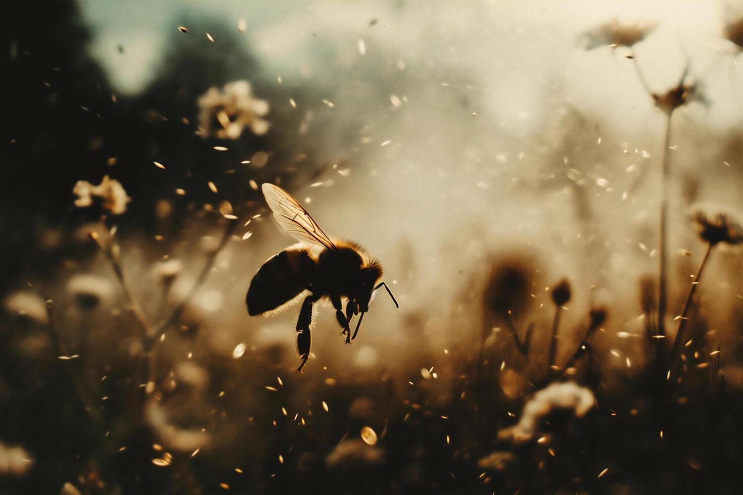 ai gegenereerd bij Aan een bloem in de weide in de stralen van de instelling zon foto