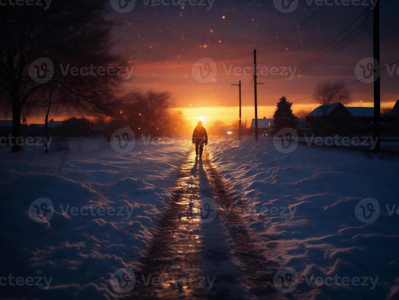 ai gegenereerd een Mens wandelen Aan een besneeuwd weg Bij zonsondergang in de winter. foto