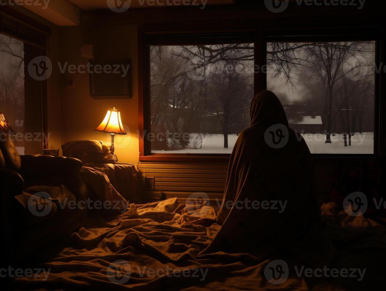 ai gegenereerd vrouw zittend in bed en op zoek uit de venster Bij de winter nacht foto