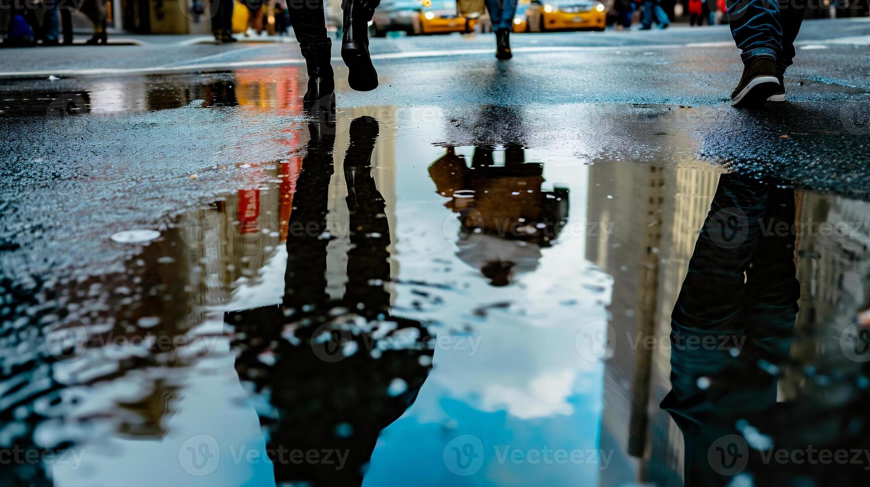ai gegenereerd regenachtig dag in de stad met mensen wandelen Aan de straat. foto