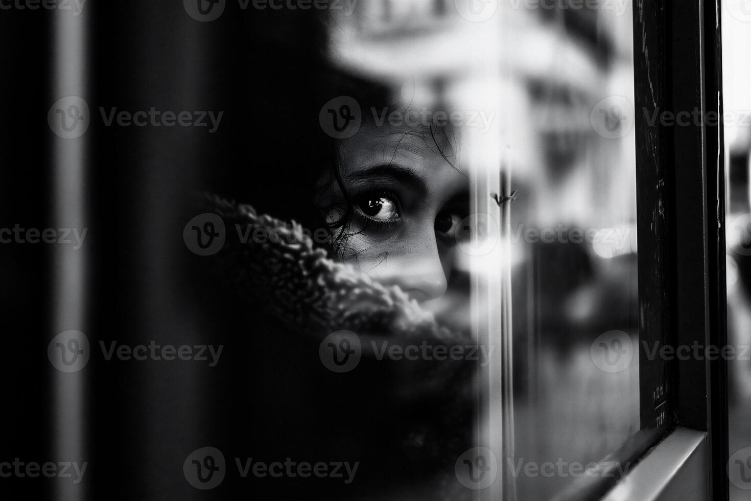 ai gegenereerd zwart en wit portret van een jong vrouw op zoek uit de venster. foto