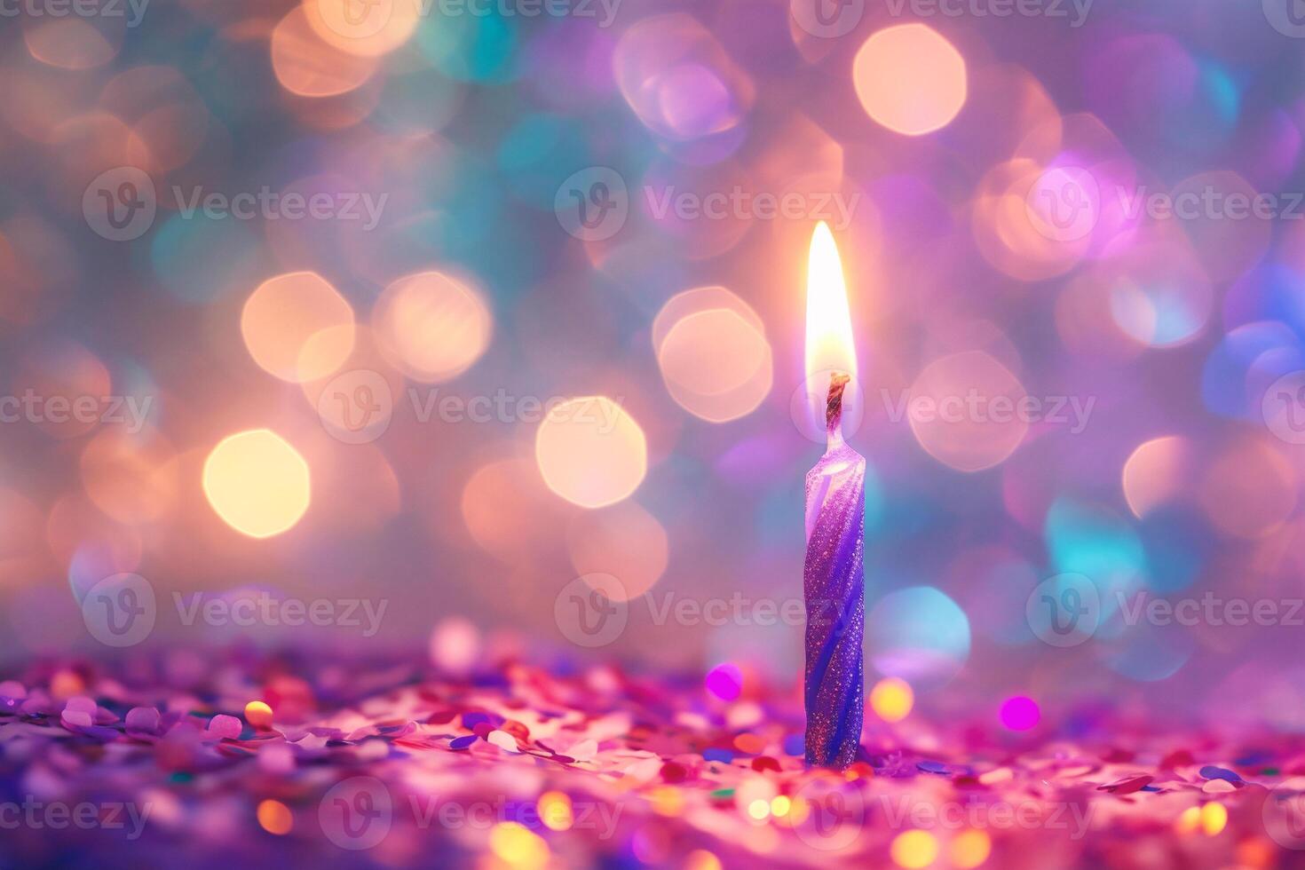 ai gegenereerd verjaardag taart met brandend kaars Aan kleurrijk bokeh lichten achtergrond foto