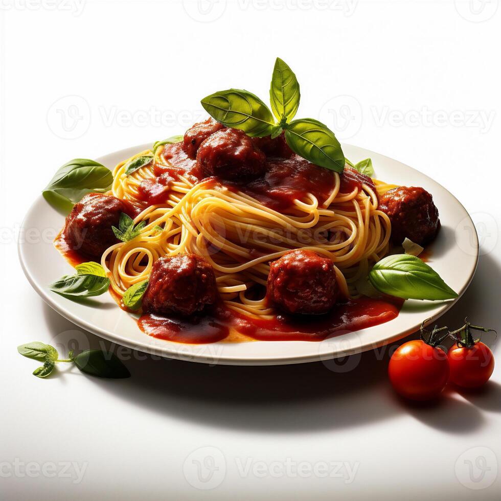 ai gegenereerd spaghetti met gehaktballen en tomaat saus Aan een wit achtergrond. foto