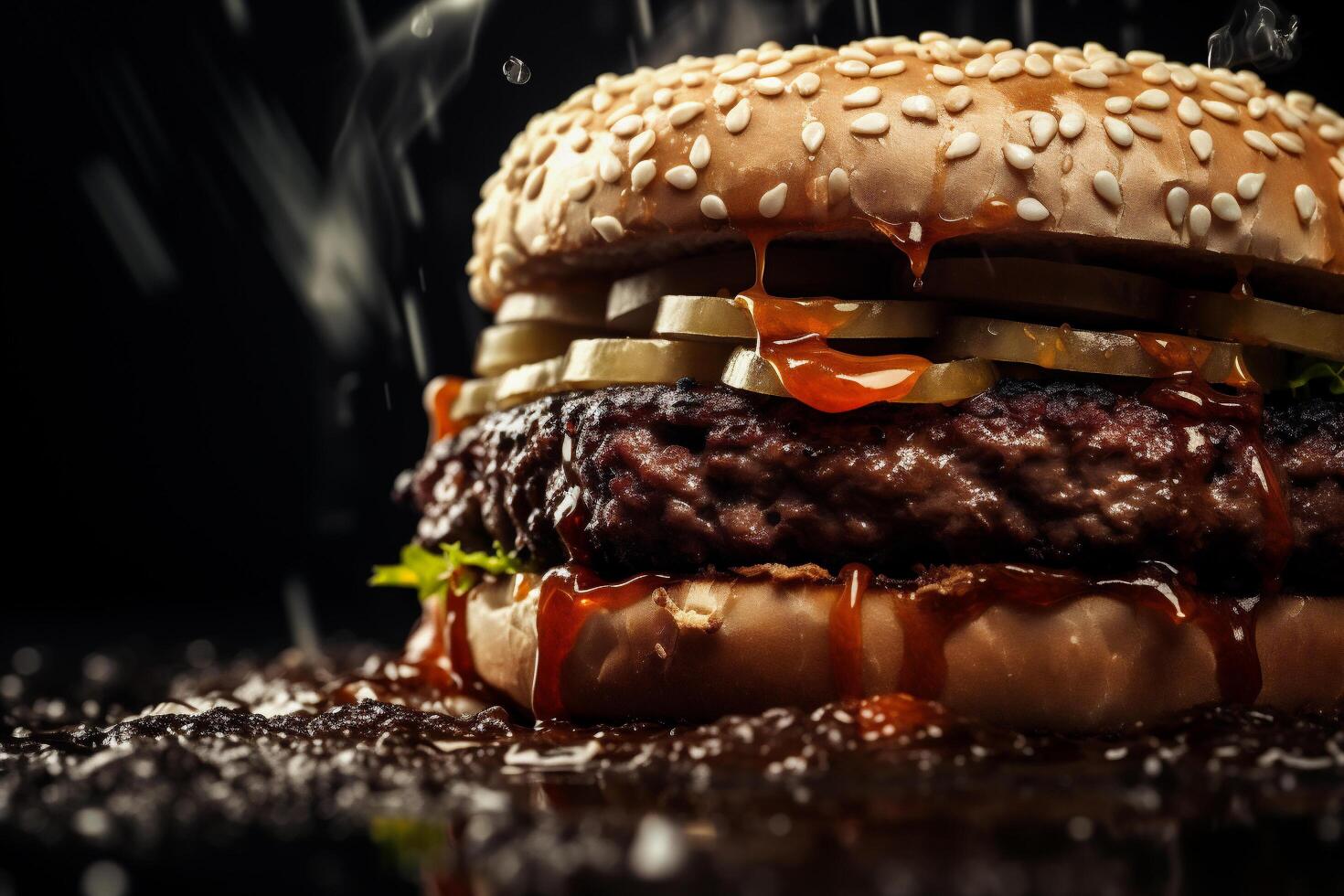 ai gegenereerd groot smakelijk cheeseburger met rundvlees pasteitje en groenten Aan zwart achtergrond foto