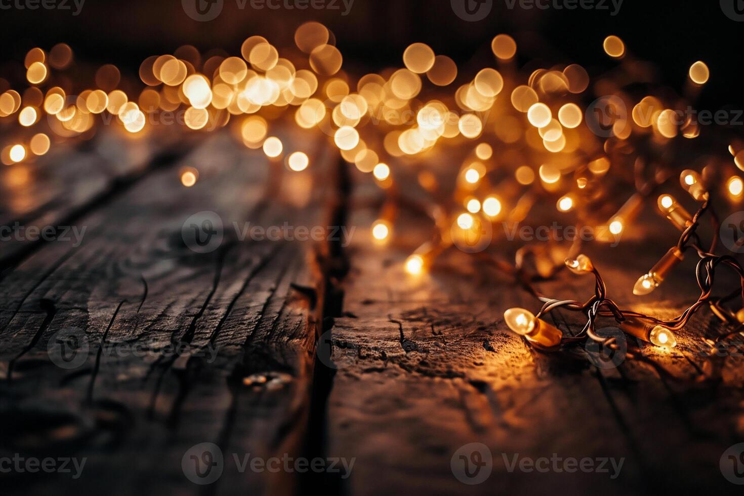 ai gegenereerd Kerstmis lichten Aan houten achtergrond. vrolijk Kerstmis en gelukkig nieuw jaar. foto